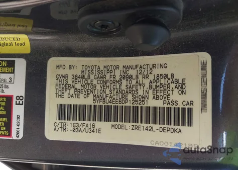 2013 Toyota Corolla L from USA, damaged, VIN 5YFBU4EE6DP125251